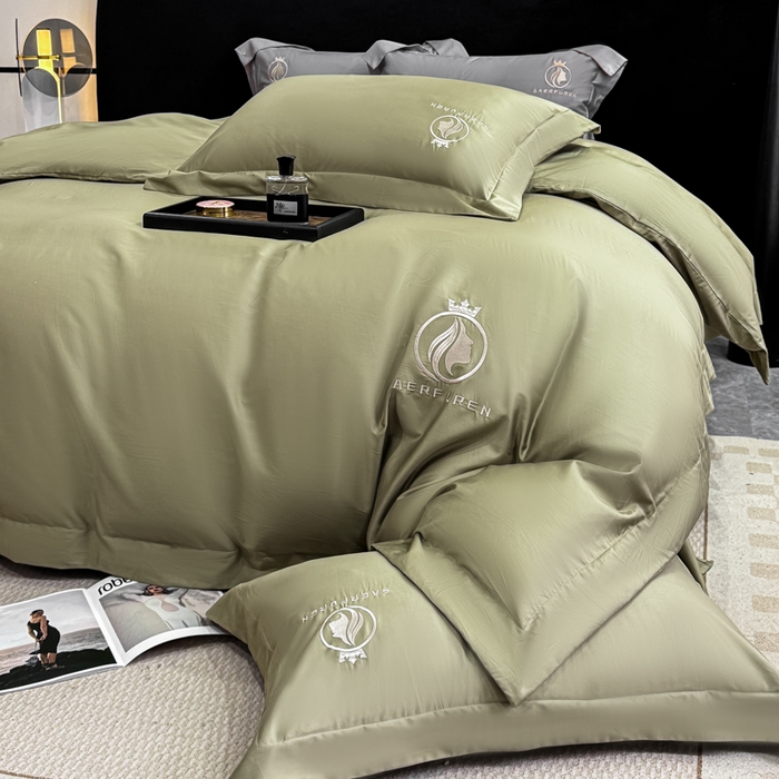 91家纺网 家纺一手货源 找家纺 沃尔居 2025新款亲肤舒适全棉纯棉绣花系列四件套 萨尔夫人-橄榄绿