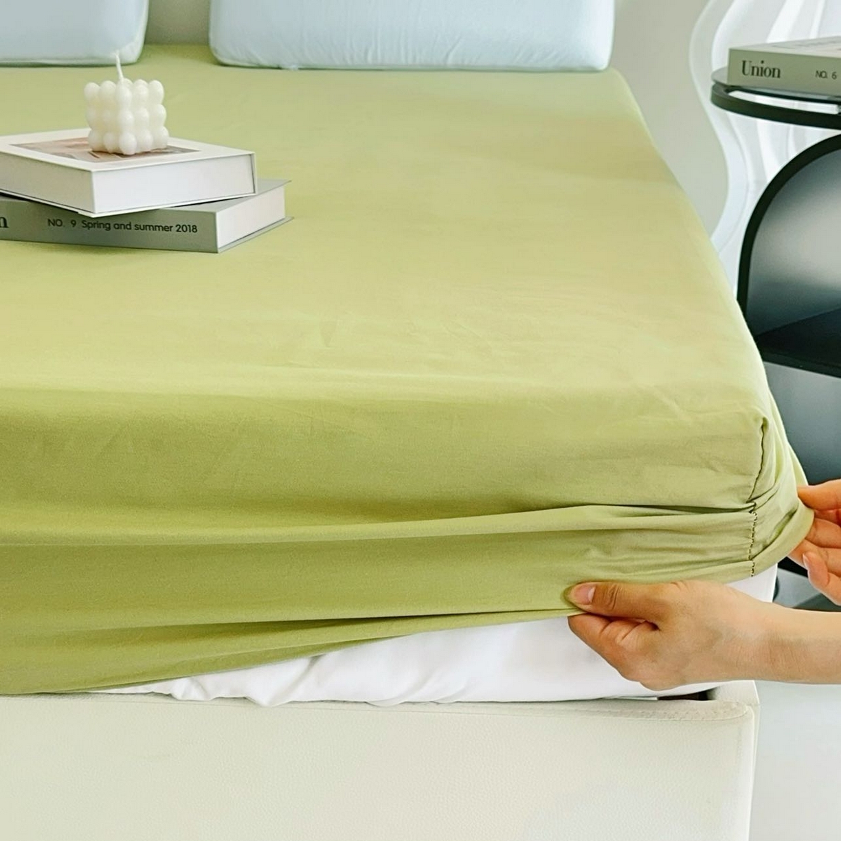 91家纺网 家纺一手货源 找家纺 兜米家居 2025新款纯色全棉床笠 山野绿