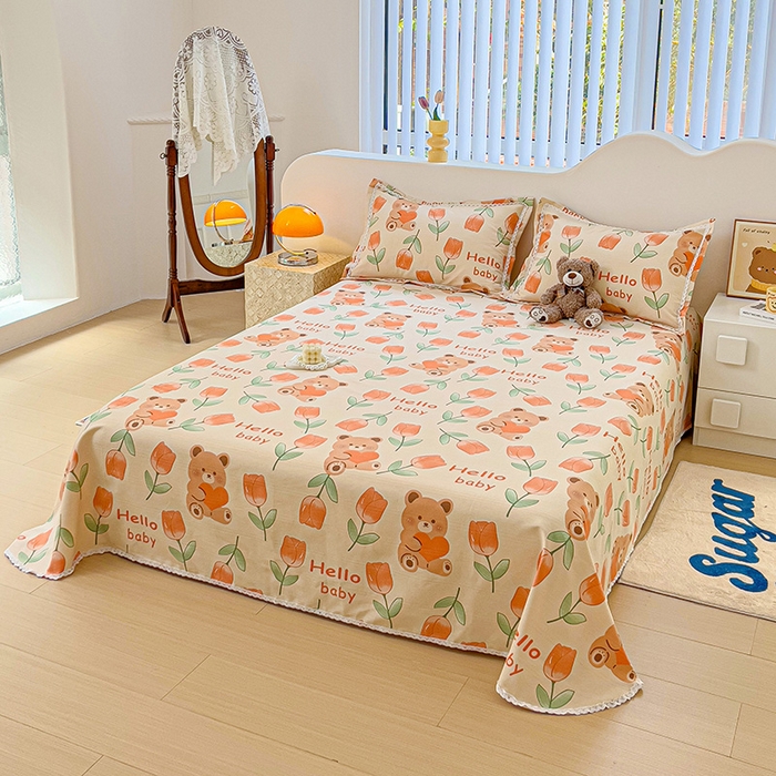 91家纺网 家纺一手货源 找家纺 梵克保罗 2025新款鱼骨棉老粗布凉席花边款床单三件套 爱心熊