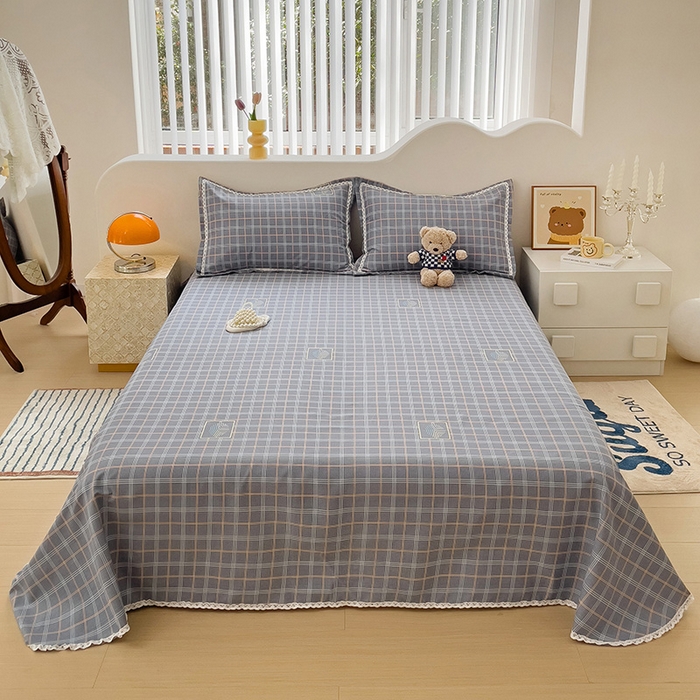 91家纺网 家纺一手货源 找家纺 梵克保罗 2025新款鱼骨棉老粗布凉席花边款床单三件套 格韵-灰