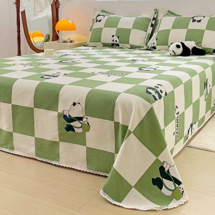 91家纺网 家纺一手货源 找家纺 梵克保罗 2025新款鱼骨棉老粗布凉席花边款床单三件套 熊猫