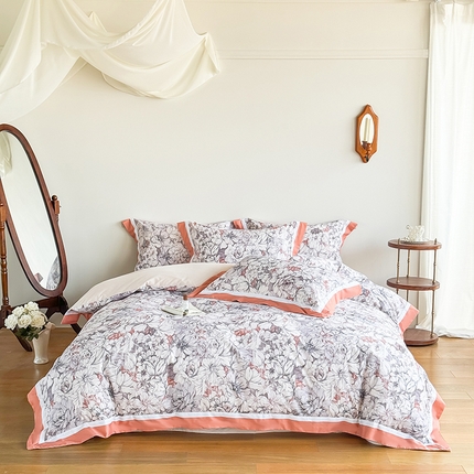 91家纺网 家纺一手货源 找家纺 （总）巧玲珑 2025新款60支A类进口数码印花美式双拼四季款长绒棉四件套