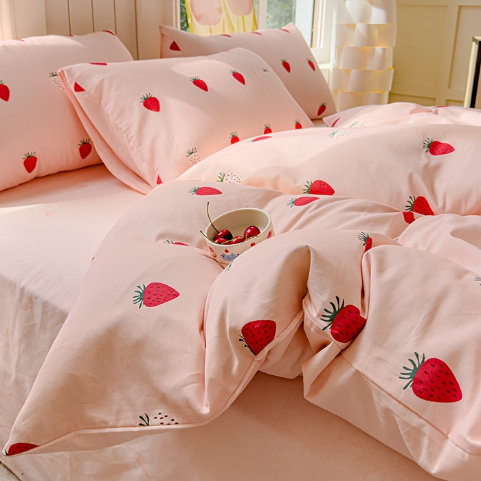 91家纺网 家纺一手货源 找家纺 澳梵家居 2025新款小清新全棉印花四件套 可可草莓