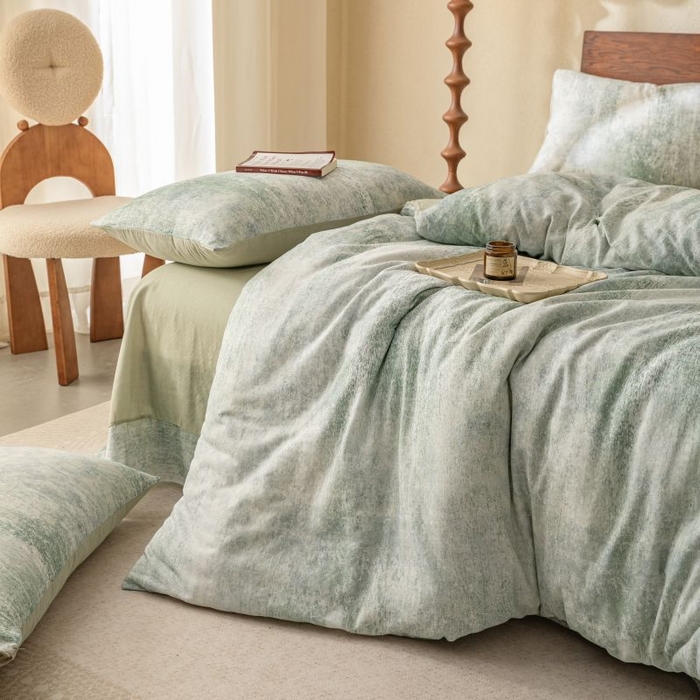 91家纺网 家纺一手货源 找家纺 2025新款40s全棉双层纱圆角吊边款四件套 浮生-灰绿