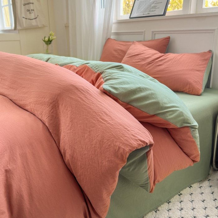 91家纺网 家纺一手货源 找家纺 （总）冕悠家纺 2025新款A类105克超柔褶皱水洗棉拼色四件套-单被套