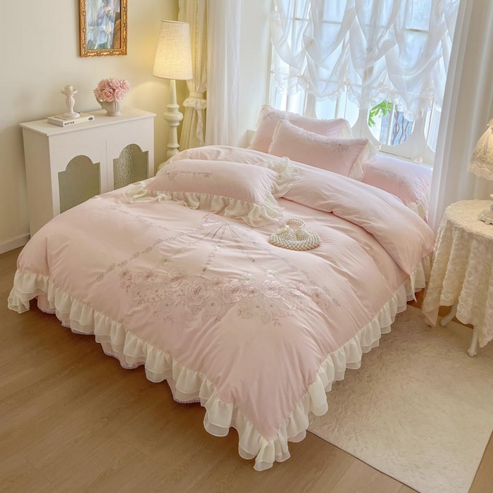 91家纺网 家纺一手货源 找家纺 （总）亲亲公主 2025新款全棉绣花+蕾丝双层花边四件套-奶油玫瑰