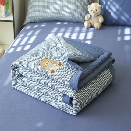 寐绸家纺  2025新款纯棉水洗棉微米格小熊款大豆纤维夏被四件套 小熊-深蓝