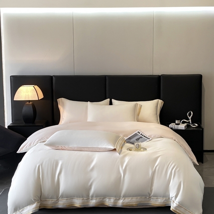 91家纺网 家纺一手货源 找家纺 金阳光家纺 2025新款莱赛尔天丝刺绣四件套 浅米白粉