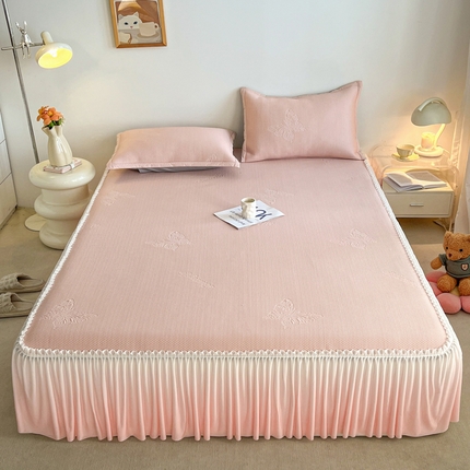 安哆啦家纺 2025新款凉感冰豆豆花边凉席三件套系列 豆豆床裙-仙女粉