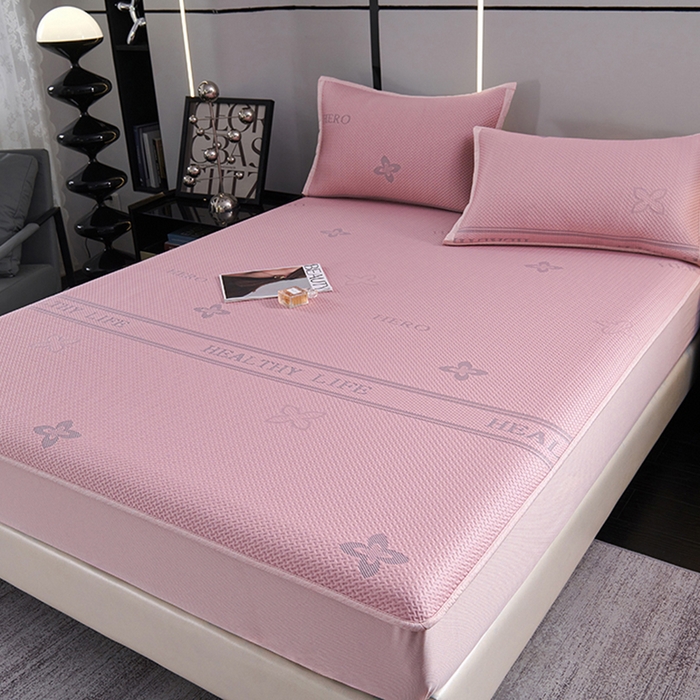 91家纺网 家纺一手货源 找家纺 梵克保罗 2025新款7A抗菌母婴级纯乙纶PE刺绣凉感丝豆豆席 床笠款 床笠款 四叶花-粉