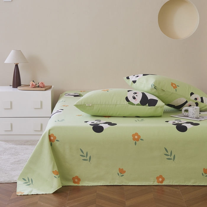 91家纺网 家纺一手货源 找家纺 绒艺席业 2025新款简约原棉印花老粗布床单 熊猫抱竹