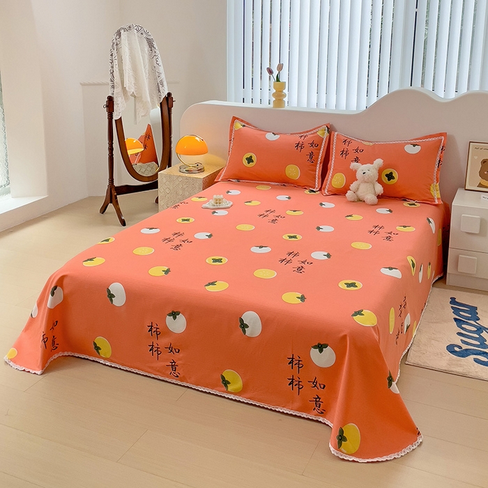 91家纺网 家纺一手货源 找家纺 梵克保罗 2025新款鱼骨棉老粗布凉席花边款床单三件套 柿柿如意-桔