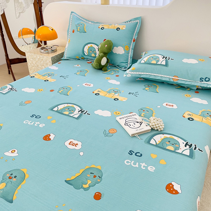 91家纺网 家纺一手货源 找家纺 梵克保罗 2025新款鱼骨棉老粗布凉席花边款床单三件套 恐龙日记