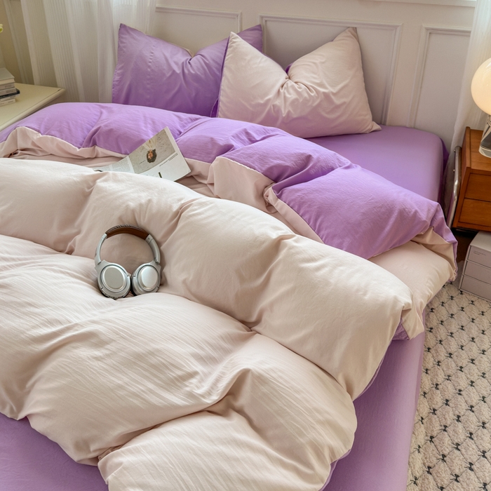 91家纺网 家纺一手货源 找家纺 冕悠家纺 2025新款A类105克超柔褶皱水洗棉拼色四件套 藕粉+丁香紫