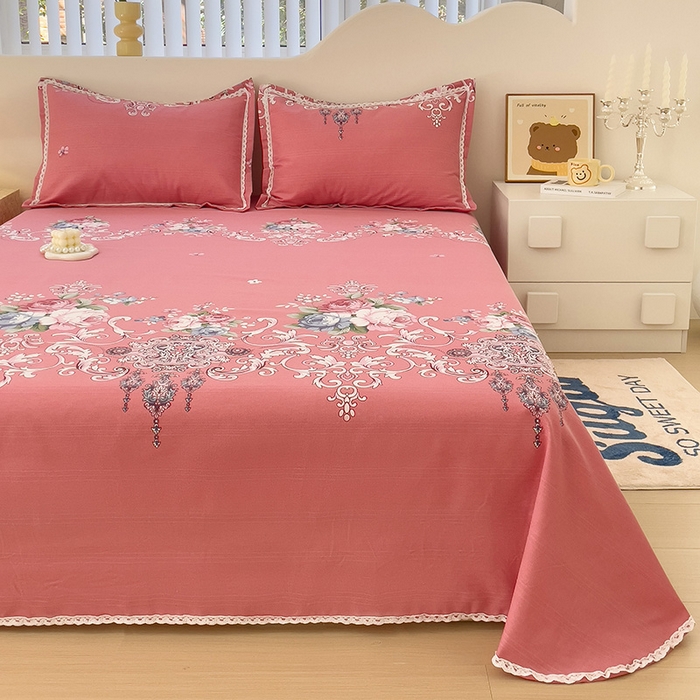 91家纺网 家纺一手货源 找家纺 梵克保罗 2025新款鱼骨棉老粗布凉席花边款床单三件套 欧式风情-粉