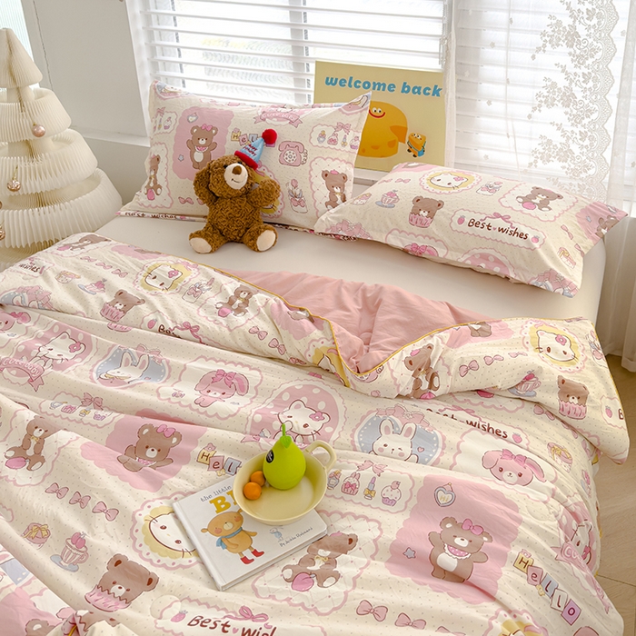 91家纺网 家纺一手货源 找家纺 星巴k家纺 2025新款A类水洗双层纱大豆纤维夏被夏凉被空调被 粉色小熊