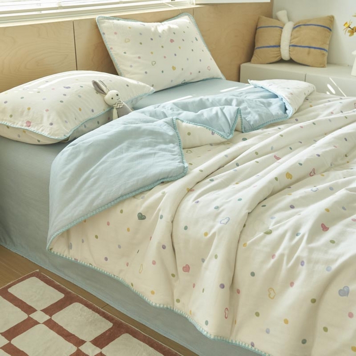 91家纺网 家纺一手货源 找家纺 寐绸家纺 2025新款纯棉双层纱印花大豆纤维夏被四件套 双层纱-波点