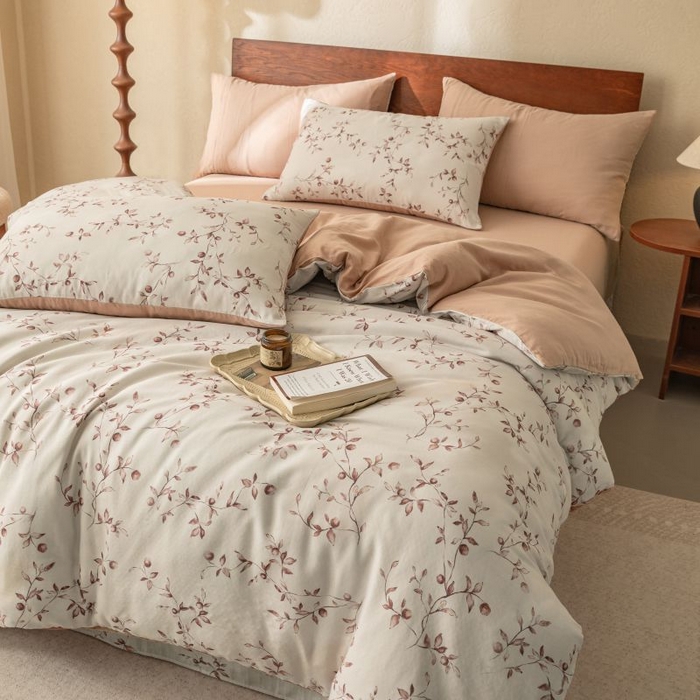 91家纺网 家纺一手货源 找家纺 2025新款40s全棉双层纱圆角吊边款四件套 叶初-咖