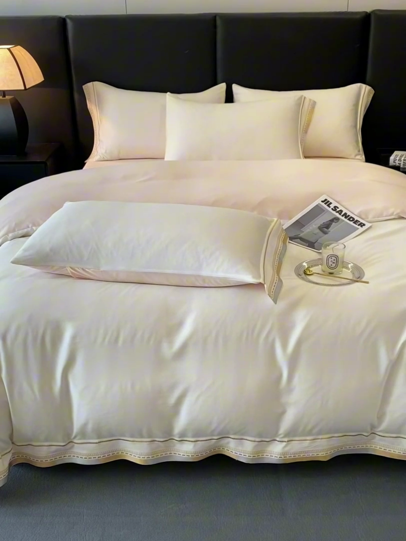 91家纺网 家纺一手货源 找家纺 金阳光家纺 2025新款莱赛尔天丝刺绣四件套 浅米白粉