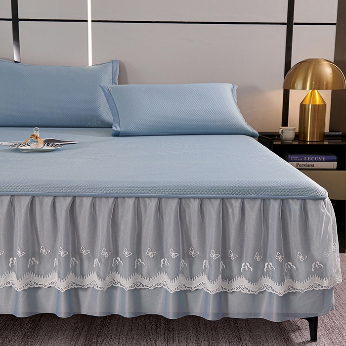 91家纺网 家纺一手货源 找家纺 梵克保罗 2025新款7A抗菌母婴级纯乙纶PE刺绣凉感丝豆豆席 床裙款 床裙款 浪花-蓝