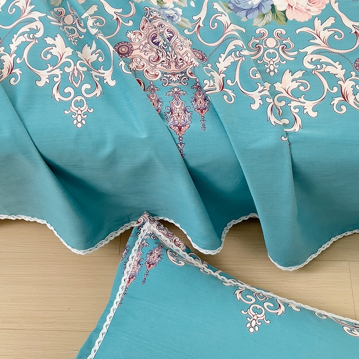 91家纺网 家纺一手货源 找家纺 梵克保罗 2025新款鱼骨棉老粗布凉席花边款床单三件套 欧式风情-蓝