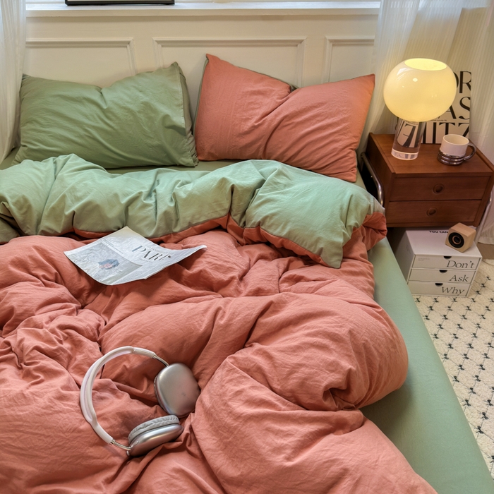 91家纺网 家纺一手货源 找家纺 （总）冕悠家纺 2025新款A类105克超柔褶皱水洗棉拼色四件套