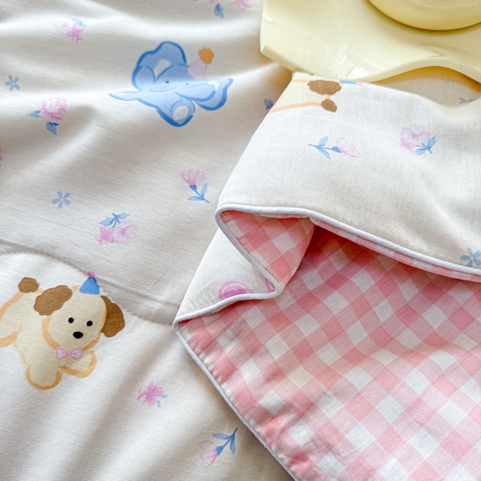 91家纺网 家纺一手货源 找家纺 洺兰家居 2025新款A类全棉印花麻绳款夏被四件套 快乐狗狗