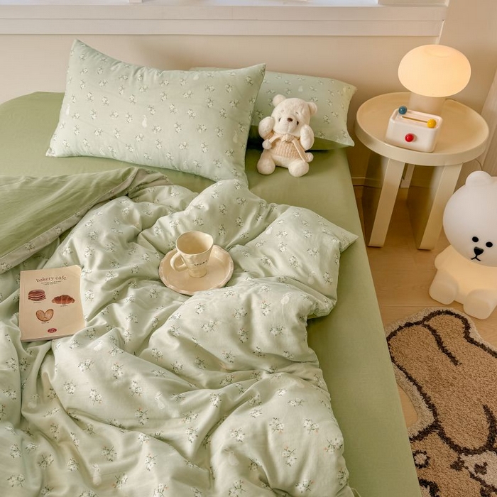 91家纺网 家纺一手货源 找家纺 2025新款40s全棉双层纱圆角吊边款四件套 白月光-绿