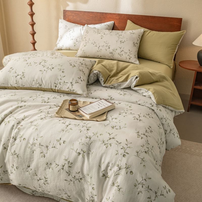 91家纺网 家纺一手货源 找家纺 2025新款40s全棉双层纱圆角吊边款四件套 叶初-绿