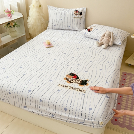 沐辰 2025春夏新款A类全棉纯棉老粗布烫画单品床笠 床笠单件 艺术小狗-蓝