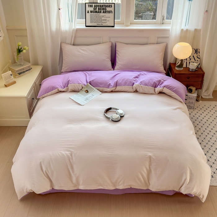 91家纺网 家纺一手货源 找家纺 冕悠家纺 2025新款A类105克超柔褶皱水洗棉拼色四件套 藕粉+丁香紫
