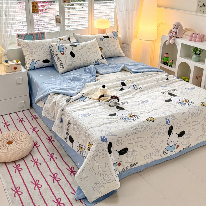 91家纺网 家纺一手货源 找家纺 洺兰家居 2025新款A类全棉印花麻绳款夏被四件套 蓝小狗