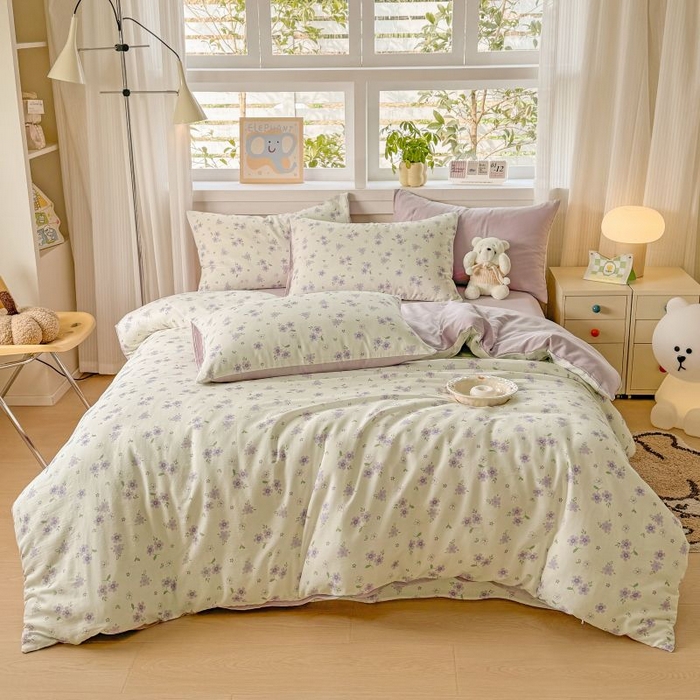 91家纺网 家纺一手货源 找家纺 2025新款40s全棉双层纱圆角吊边款四件套 浅梦-紫