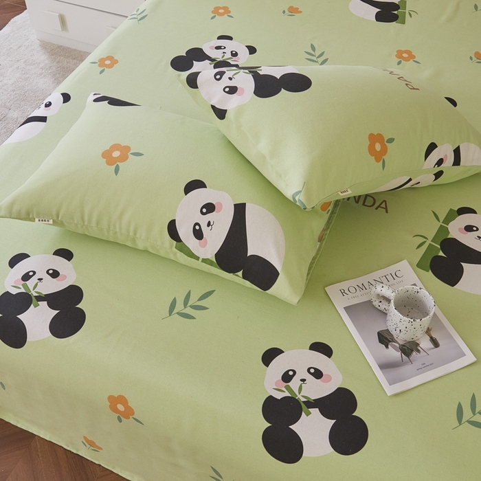 91家纺网 家纺一手货源 找家纺 绒艺席业 2025新款简约原棉印花老粗布床单 熊猫抱竹