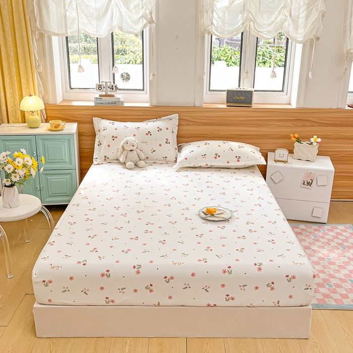 91家纺网 家纺一手货源 找家纺 默忆 2025新款针织双层纱印花糯小棉床笠 粉玫瑰