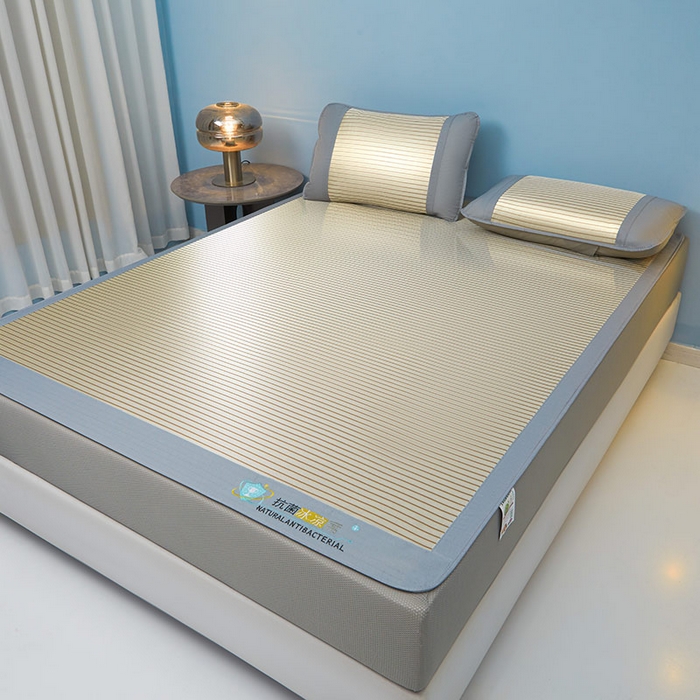 91家纺网 家纺一手货源 找家纺 阿亮家居 2025新款凉席抗菌刺绣可水洗碳光冰丝席包边无纺布冰丝席 素夏 星光银-床笠款