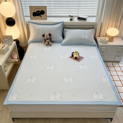 91家纺网 家纺一手货源 找家纺 佰亿莱 2025春夏新款冰豆豆提花凉席三件套 豆豆席蓝恐龙