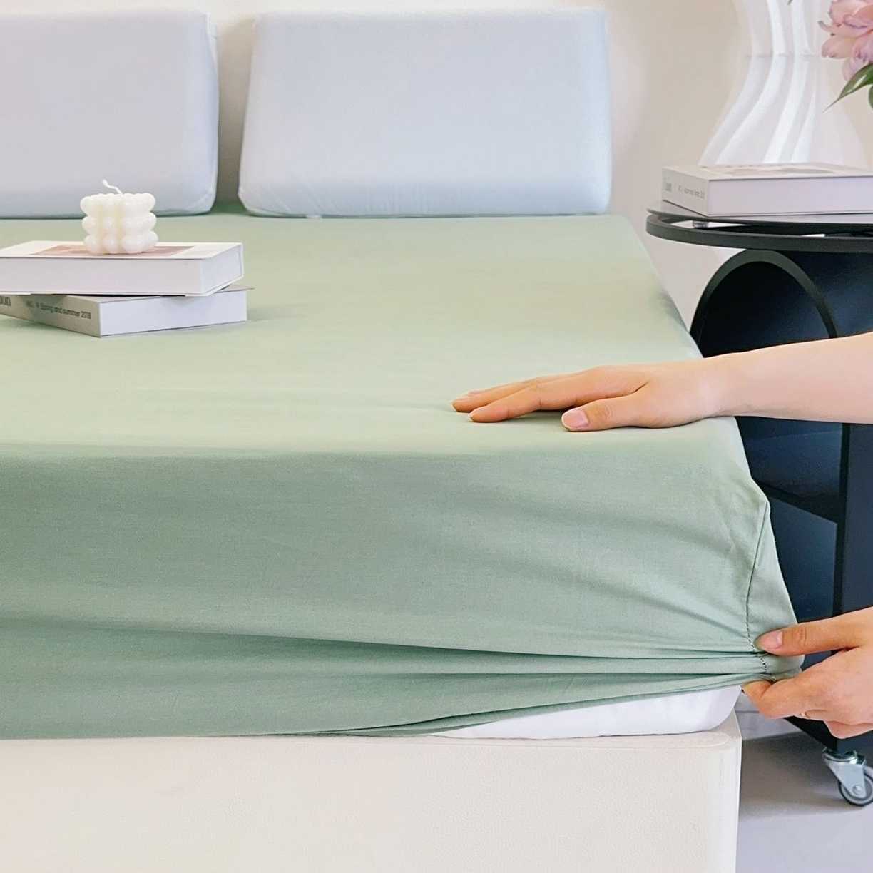 91家纺网 家纺一手货源 找家纺 兜米家居 2025新款纯色全棉床笠 松林绿