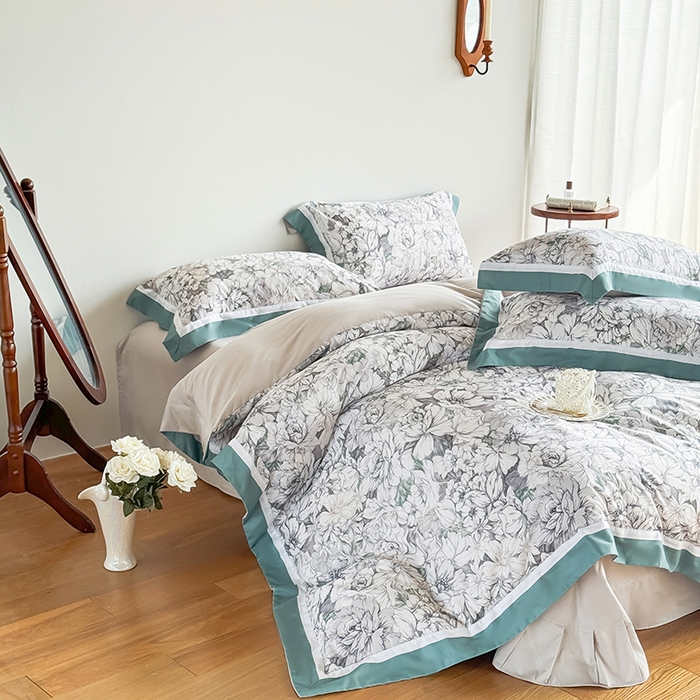 91家纺网 家纺一手货源 找家纺 巧玲珑 2025新款60支A类进口数码印花美式双拼四季款长绒棉四件套 梨花谷