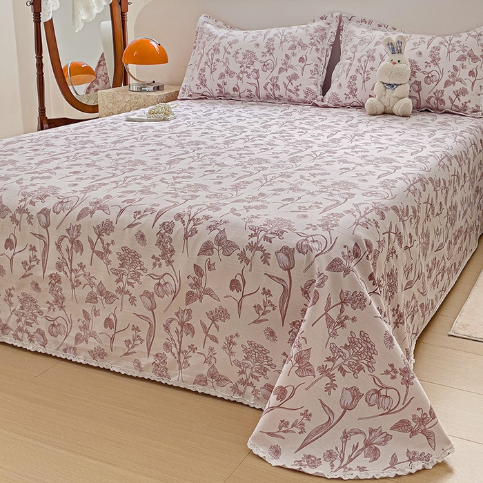 91家纺网 家纺一手货源 找家纺 梵克保罗 2025新款鱼骨棉老粗布凉席花边款床单三件套 花意