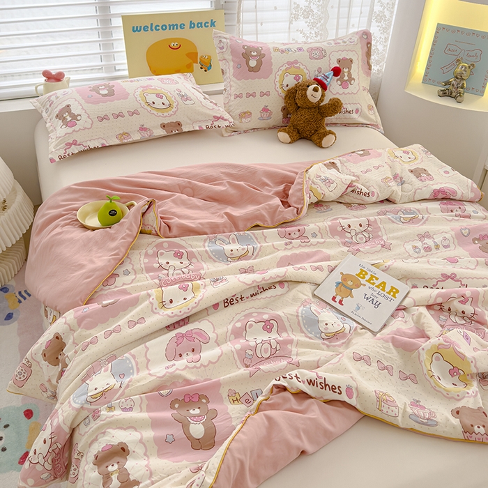 91家纺网 家纺一手货源 找家纺 星巴k家纺 2025新款A类水洗双层纱大豆纤维夏被夏凉被空调被 粉色小熊