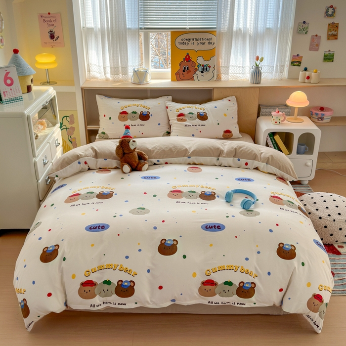 91家纺网 家纺一手货源 找家纺 冕悠家纺 2025新款A类高克重糯叽叽超柔糯水洗棉印花四件套 熊熊联盟