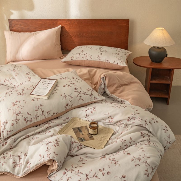 91家纺网 家纺一手货源 找家纺 2025新款40s全棉双层纱圆角吊边款四件套 叶初-咖