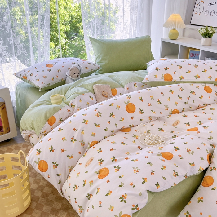 91家纺网 家纺一手货源 找家纺 世爵 2025新款全棉印花小清新套件系列-四件套 水蜜桃