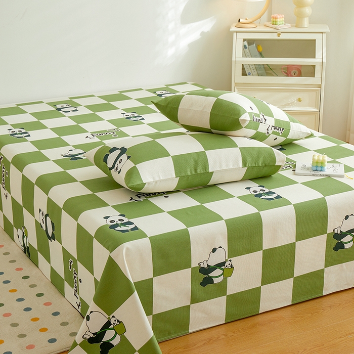 91家纺网 家纺一手货源 找家纺 绒艺席业 2025新款简约原棉印花老粗布床单 绿格熊猫