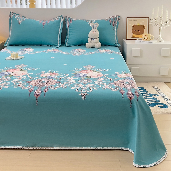 91家纺网 家纺一手货源 找家纺 梵克保罗 2025新款鱼骨棉老粗布凉席花边款床单三件套 欧式风情-蓝