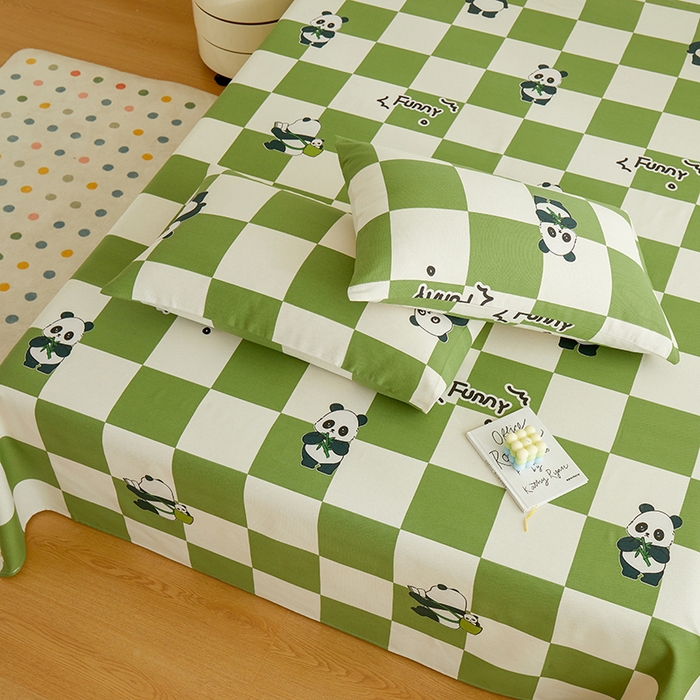 91家纺网 家纺一手货源 找家纺 绒艺席业 2025新款简约原棉印花老粗布床单 绿格熊猫