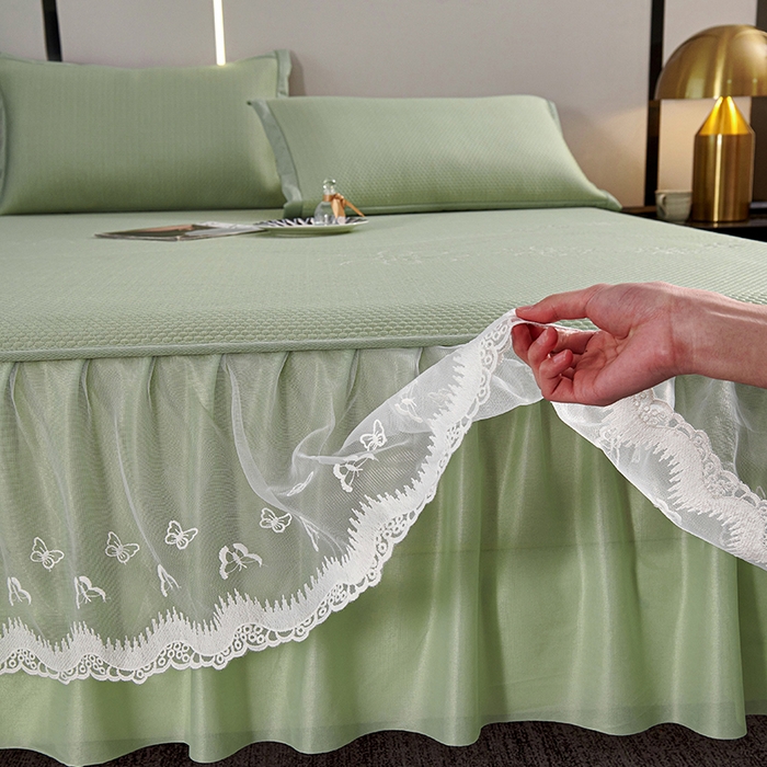 91家纺网 家纺一手货源 找家纺 梵克保罗 2025新款7A抗菌母婴级纯乙纶PE刺绣凉感丝豆豆席 床裙款 床裙款 浪花-水绿