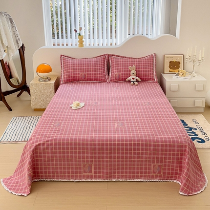 梵克保罗 2025新款鱼骨棉老粗布凉席花边款床单三件套 格韵-粉