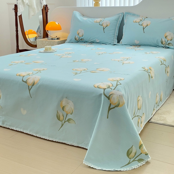 91家纺网 家纺一手货源 找家纺 梵克保罗 2025新款鱼骨棉老粗布凉席花边款床单三件套 泡泡棉